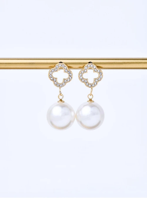 Kolczyki koniczynka, perełka, stal pozłacana S211652Z00