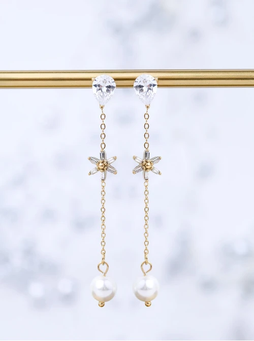 Kolczyki kwiatuszki z kryształkami, perełki, stal pozłacana S211657Z00