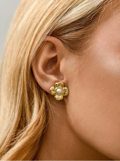 Kolczyki kwiaty z perełką, stal pozłacana S211708Z00