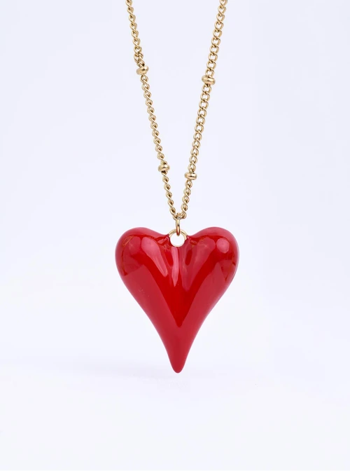 Naszyjnik długi, czerwone serce, stal pozłacana S312271Z03