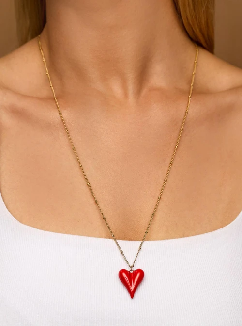 Naszyjnik długi, czerwone serce, stal pozłacana S312271Z03