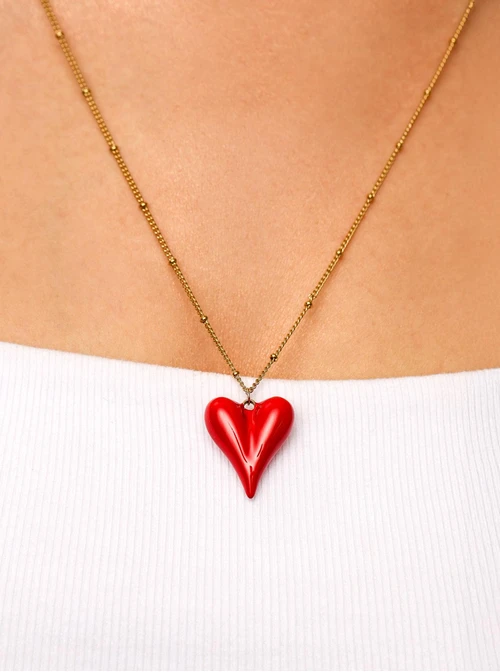 Naszyjnik długi, czerwone serce, stal pozłacana S312271Z03