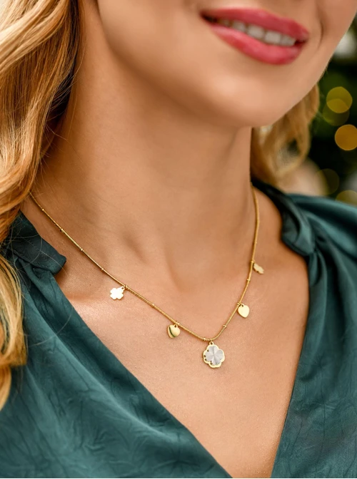 Naszyjnik koniczynki, serduszka, stal pozłacana S311814Z00