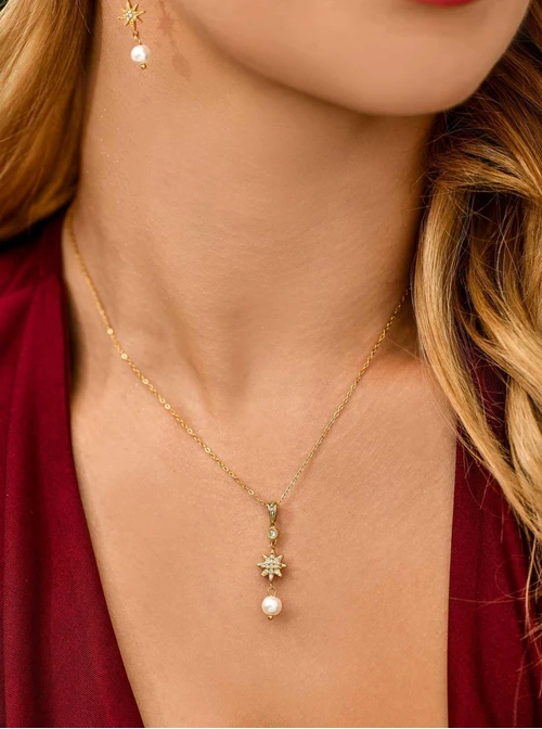 Naszyjnik krawatka, gwiazdka, perełka, stal pozłacana S311711Z00