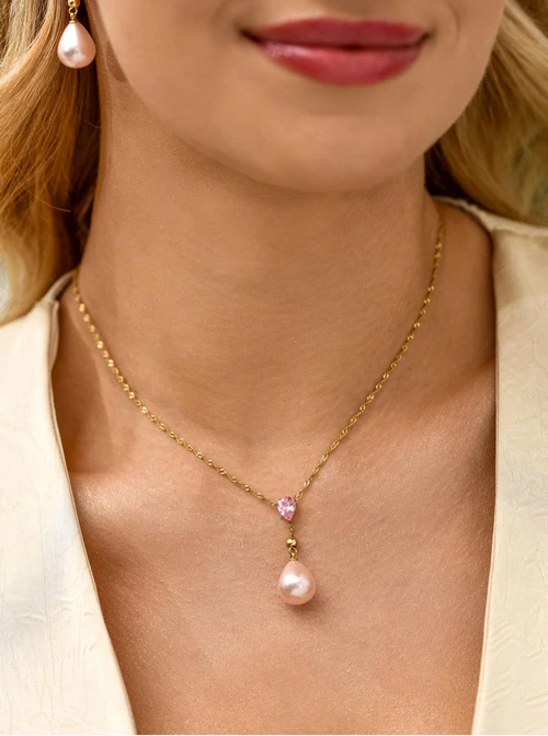 Naszyjnik krawatka, różowa perła, stal pozłacana S311666Z00