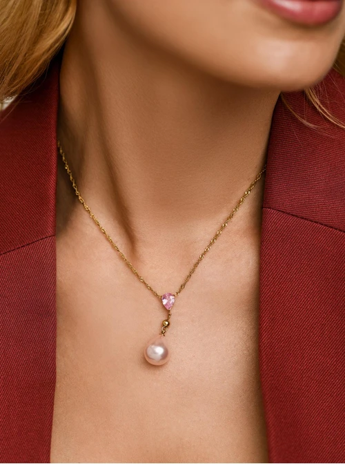 Naszyjnik krawatka, różowa perła, stal pozłacana S311666Z00