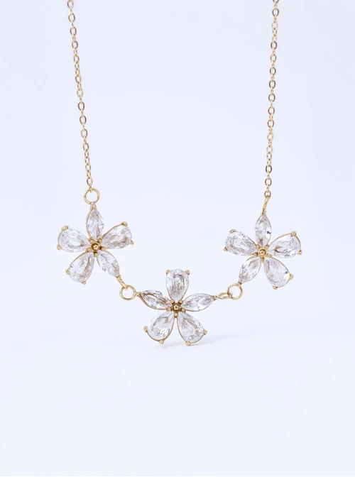 Naszyjnik kwiatuszki z kryształkami, stal pozłacana S311784Z00