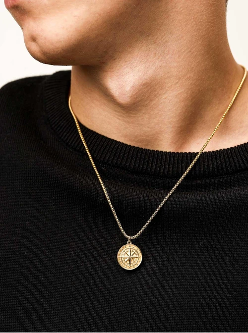 Naszyjnik męski, róża wiatrów, stal pozłacana S310498Z00