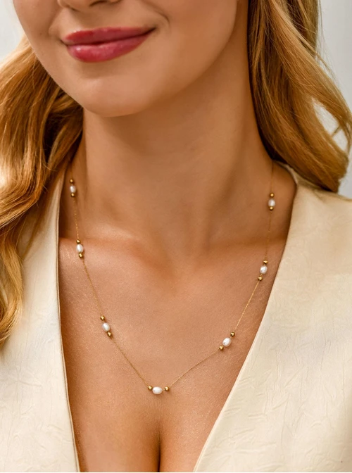 Naszyjnik perełki, kuleczki, stal pozłacana S311585Z00