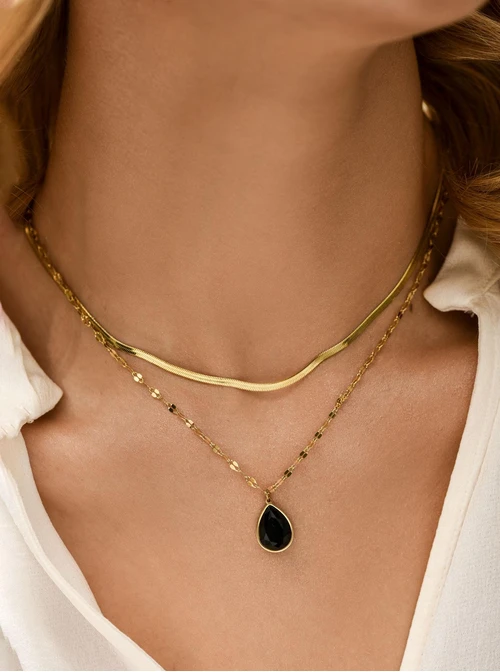 Naszyjnik podwójny, czarny kryształek, stal pozłacana, S312238Z00