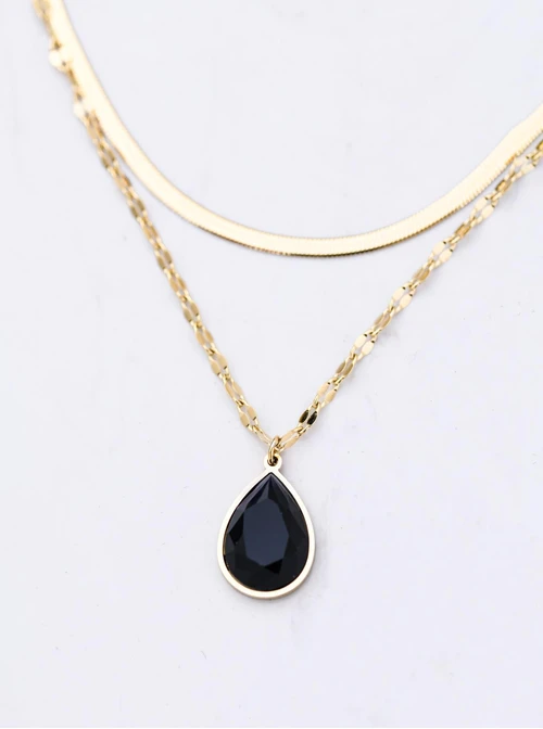 Naszyjnik podwójny, czarny kryształek, stal pozłacana, S312238Z00