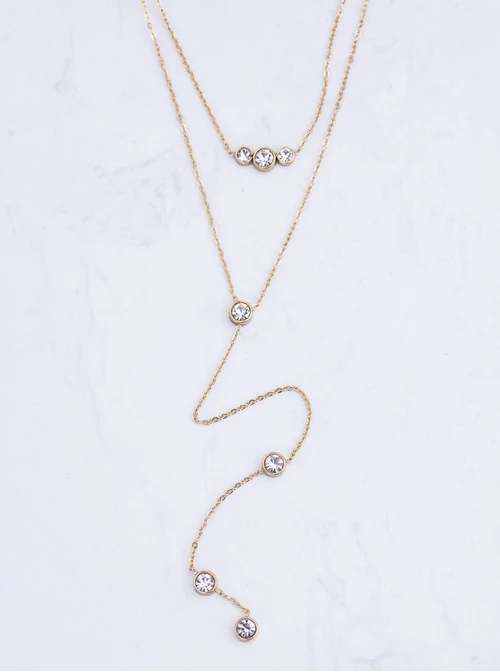 Naszyjnik podwójny, krawatka, kryształki, stal pozłacana S311589Z00