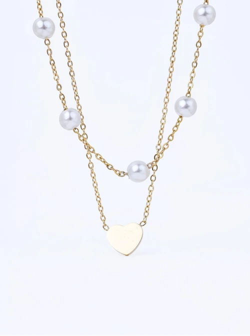 Naszyjnik podwójny serduszko, perełki, stal pozłacana S311592Z00