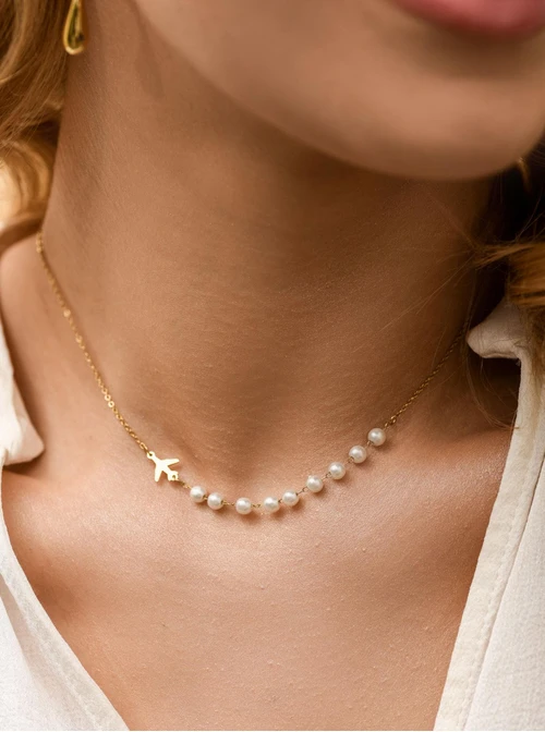 Naszyjnik samolot, perły, stal pozłacana, S312442Z00