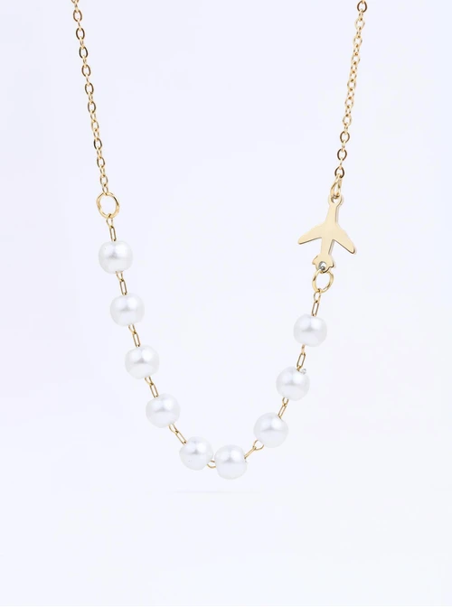 Naszyjnik samolot, perły, stal pozłacana, S312442Z00