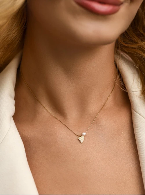 Naszyjnik serduszko z kryształkami, perełka, stal pozłacana S312360Z00