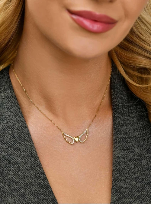 Naszyjnik skrzydła, serduszko, stal pozłacana S311680Z00
