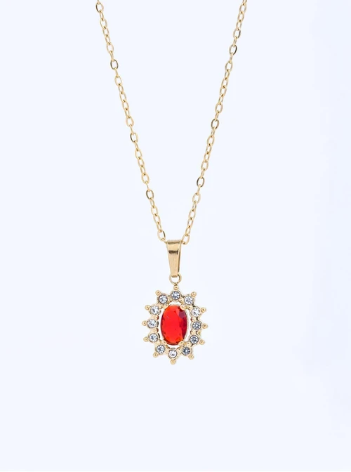 Naszyjnik z czerwonym kryształkiem, stal pozłacana S311637Z03