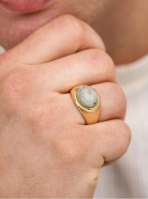 Pierścionek męski, Labradoryt, sygnet, stal pozłacana, S411578Z00