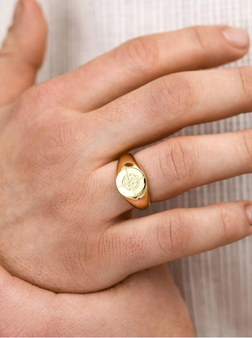 Pierścionek męski, sygnet róża wiatrów, stal pozłacana, S410543Z00