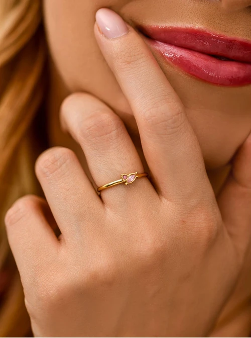 Pierścionek różowe kryształki, stal pozłacana S410658Z06