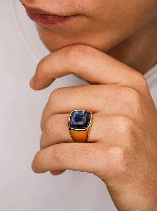 Pierścionek męski, Sodalit, sygnet, stal pozłacana, S411579Z00