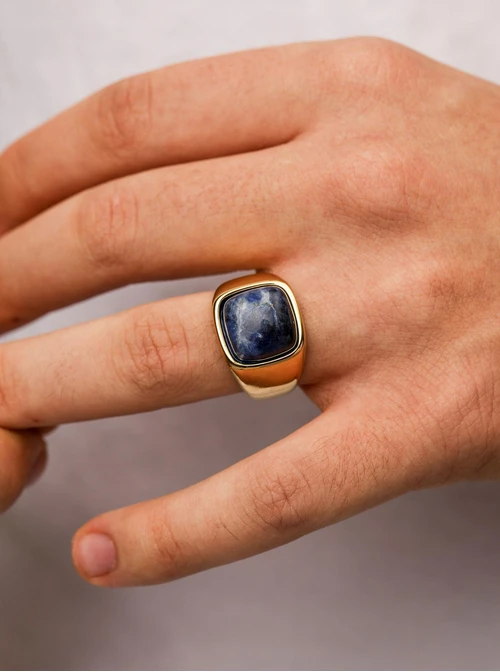 Pierścionek męski, Sodalit, sygnet, stal pozłacana, S411579Z00