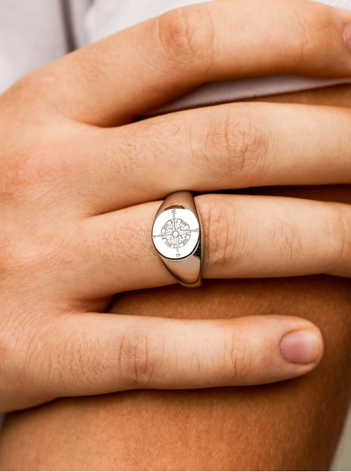 Pierścionek męski, sygnet róża wiatrów, stal, S410543S00