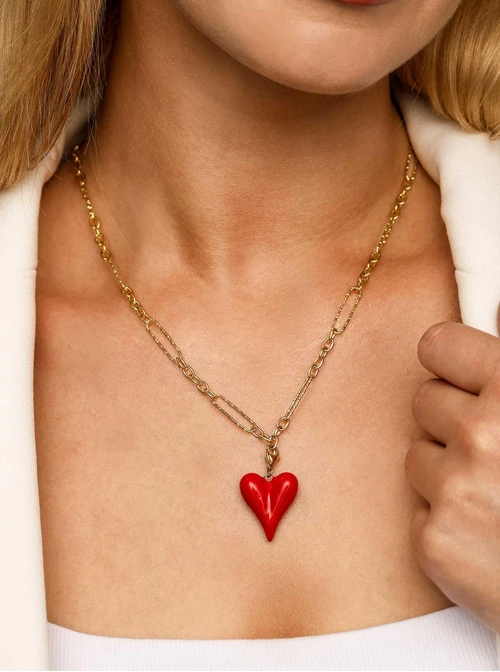 Zawieszka, charms, czerwone serce, stal pozłacana SC12272Z03