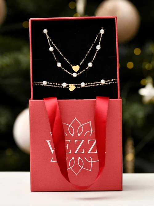 [Zestaw] Naszyjnik podwójny serduszko, perełki, stal pozłacana S311592Z00