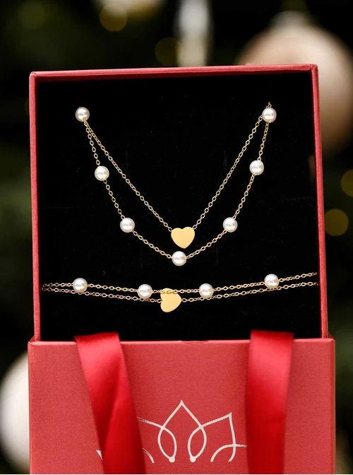 [Zestaw] Naszyjnik podwójny serduszko, perełki, stal pozłacana S311592Z00