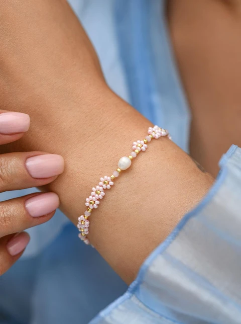 Bransoletka różowe kwiatuszki, stal pozłacana S112491Z06