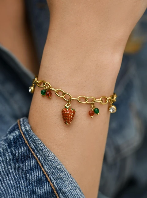 Bransoletka truskawka, kryształki, stal pozłacana S112513Z03