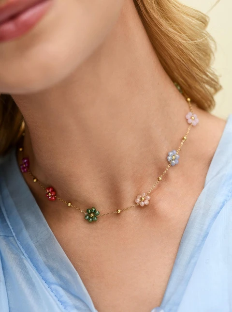 Naszyjnik kolorowe kwiatuszki, stal pozłacana S312741Z00