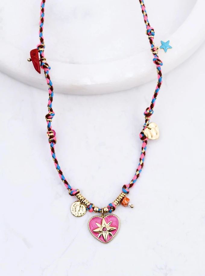 Naszyjnik serduszko, kolorowy sznurek, stal pozłacana S312774Z00