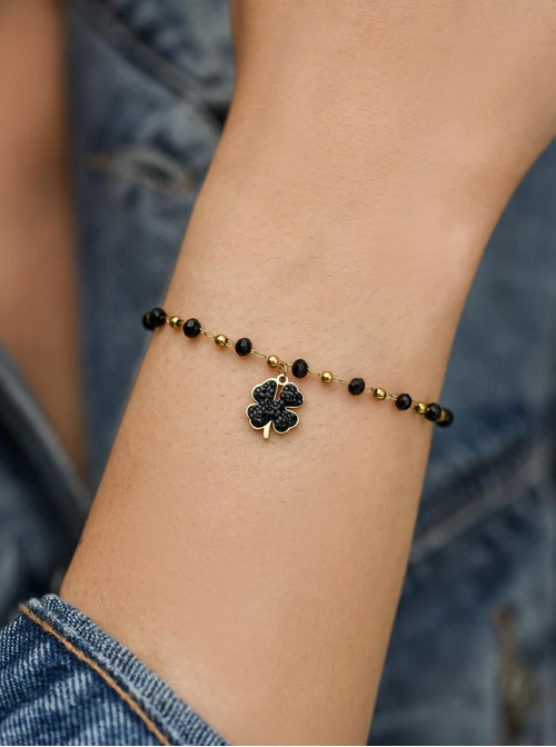 Bransoletka koniczynka, czarne kryształki, stal pozłacana S112698Z01