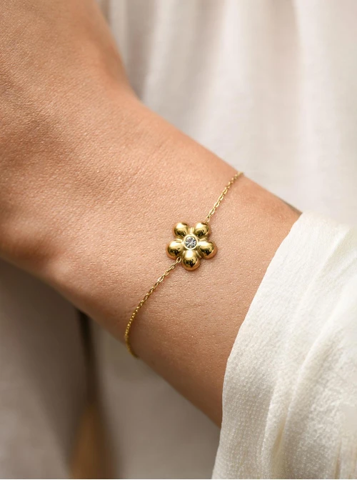 Bransoletka kwiat, kryształek, stal pozłacana, S112375Z00