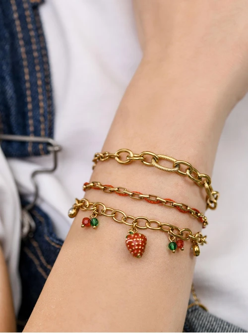 Bransoletka łańcuch z czerwonym sznurkiem, stal pozłacana S112465Z00