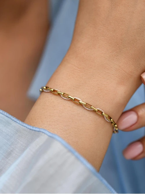 Bransoletka łańcuch z różowym sznurkiem, stal pozłacana S112464Z00