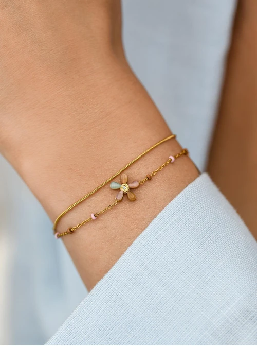 Bransoletka podwójna kwiatuszek, stal pozłacana S111876Z07