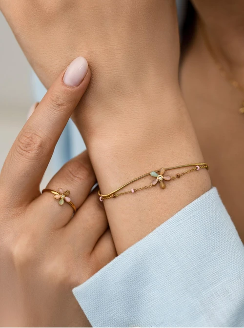 Bransoletka podwójna kwiatuszek, stal pozłacana S111876Z07