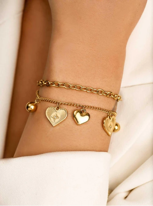 Bransoletka podwójna, serca, kulki, stal pozłacana S112281Z00