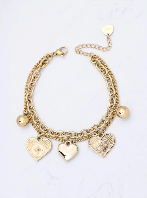 Bransoletka podwójna, serca, kulki, stal pozłacana S112281Z00