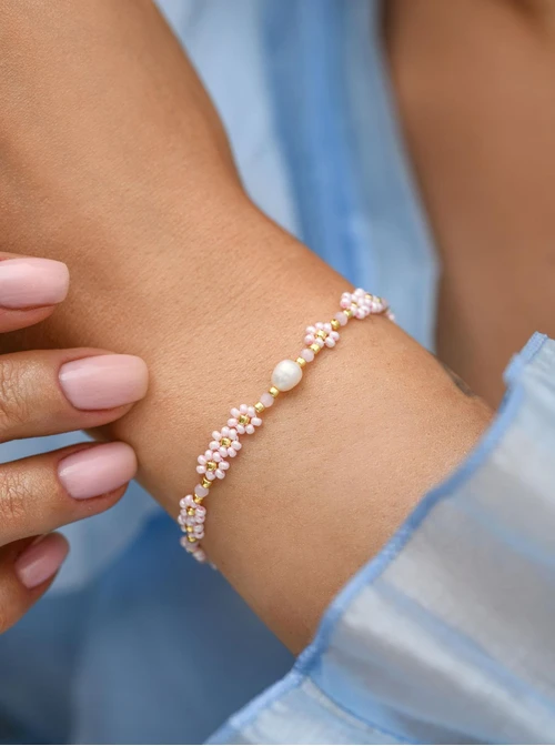 Bransoletka różowe kwiatuszki, stal pozłacana S112491Z06