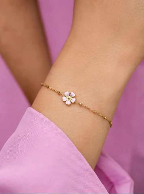 Bransoletka różowy kwiatuszek, stal pozłacana S112456Z06