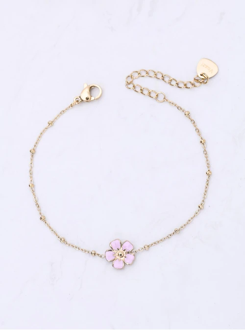 Bransoletka różowy kwiatuszek, stal pozłacana S112456Z06