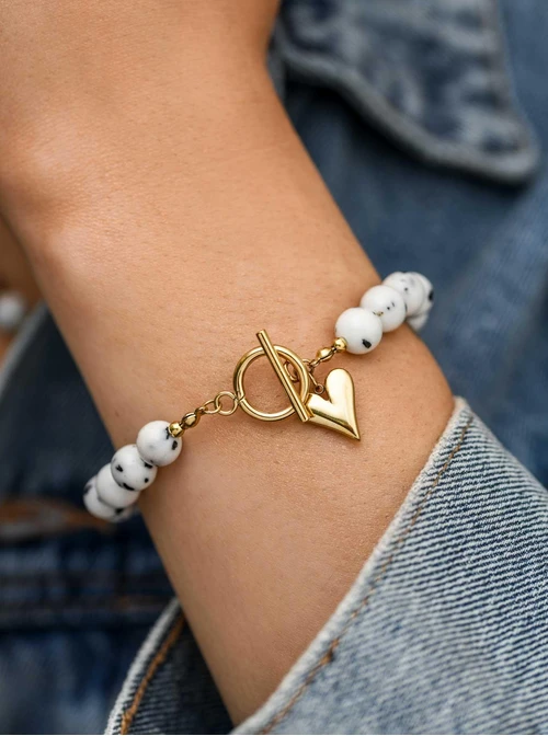 Bransoletka serce, Jaspis Dalmatyńczyk, stal pozłacana S112570Z00