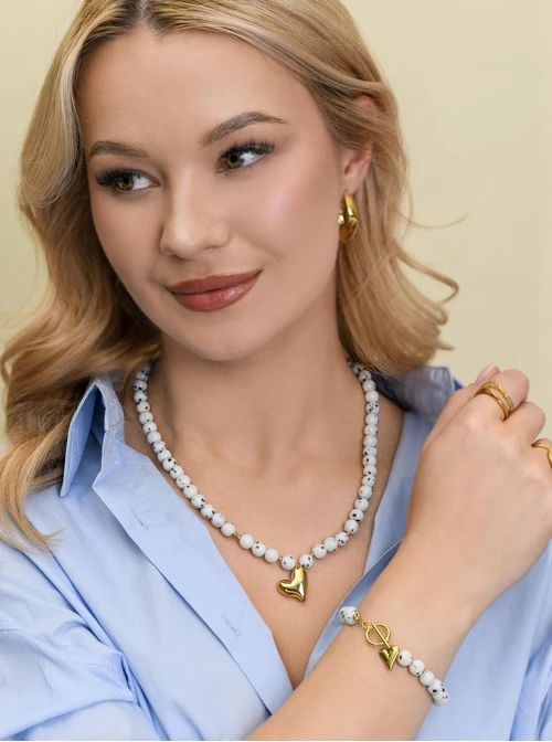 Bransoletka serce, Jaspis Dalmatyńczyk, stal pozłacana S112570Z00