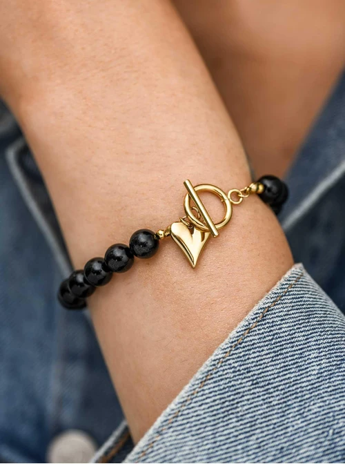 Bransoletka serce, czarny Agat, stal pozłacana S112571Z00