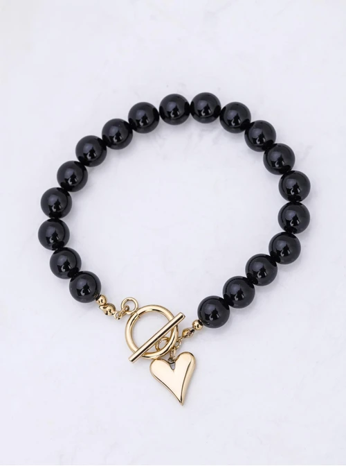 Bransoletka serce, czarny Agat, stal pozłacana S112571Z00